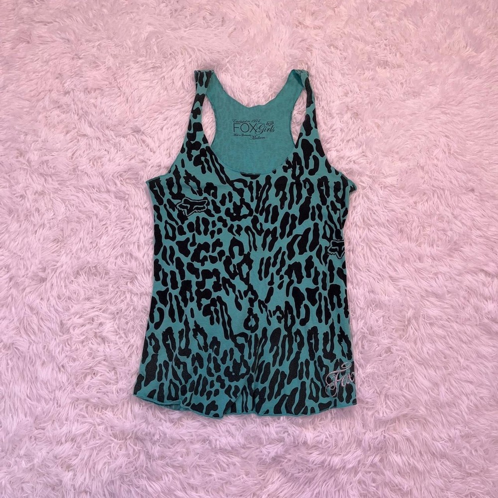 y2k teal fox racing cheetah leopoard print tank top medium
